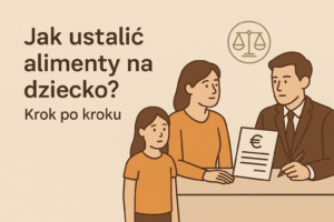 Ilustracja przedstawiająca matkę z dzieckiem rozmawiających z prawnikiem na temat alimentów – poradnik krok po kroku jak ustalić alimenty na dziecko.
