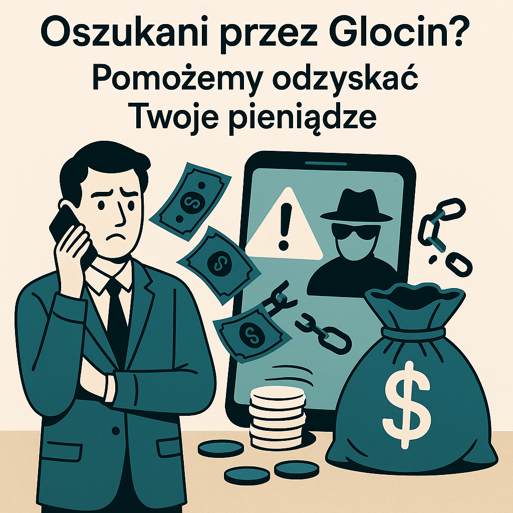 Ilustracja wspierająca wpis blogowy kancelarii prawnej na temat pomocy osobom oszukanym przez platformę inwestycyjną Glocin – przedstawia prawnika wspierającego zaniepokojonego klienta w odzyskaniu utraconych środków finansowych, symbolizując profesjonalną pomoc prawną i dochodzenie sprawiedliwości.
