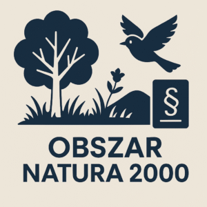 Ilustracja wektorowa przedstawiająca chroniony krajobraz w ramach obszaru Natura 2000 – widoczne drzewa, ptaki, rzeka i symboliczne oznaczenie ochrony przyrody.