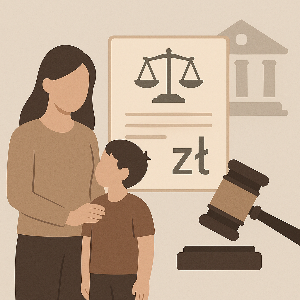 Matka z dzieckiem na tle symboli prawa i finansów – wagi sprawiedliwości, młotka sędziowskiego oraz dokumentu z symbolem złotego, obrazująca temat podwyższenia alimentów.