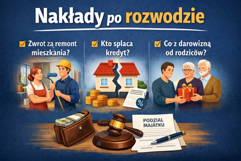 Infografika w stylu bloga kancelarii prawnej przedstawiająca temat 'Nakłady po rozwodzie'. Grafika pokazuje trzy sekcje: zwrot za remont mieszkania, spłatę kredytu po rozwodzie oraz darowiznę od rodziców. Na dole widoczny jest młotek sędziowski, dokument 'Podział majątku' i portfel z pieniędzmi. Styl elegancki, kolorystyka granat, biel i złoto, czytelne ikony i teksty w formie punktów.