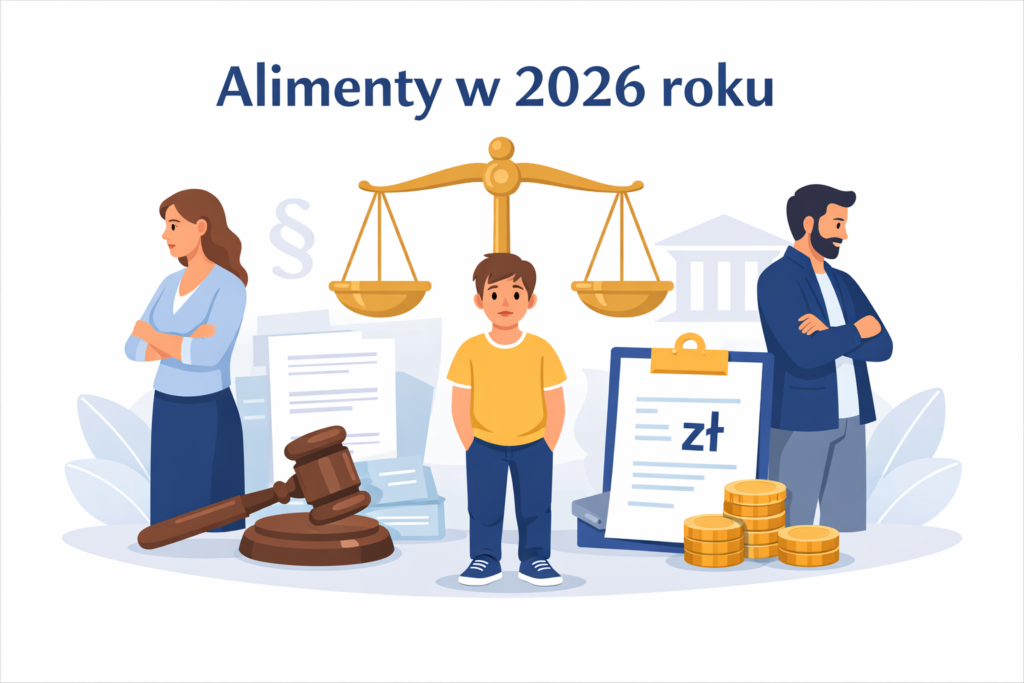 Ilustracja do artykułu o alimentach w 2026 roku – dziecko między rodzicami, waga sprawiedliwości, młotek sędziowski i dokumenty z symbolami złotych monet. Adwokat alimenty Rybnik, prawo rodzinne.
